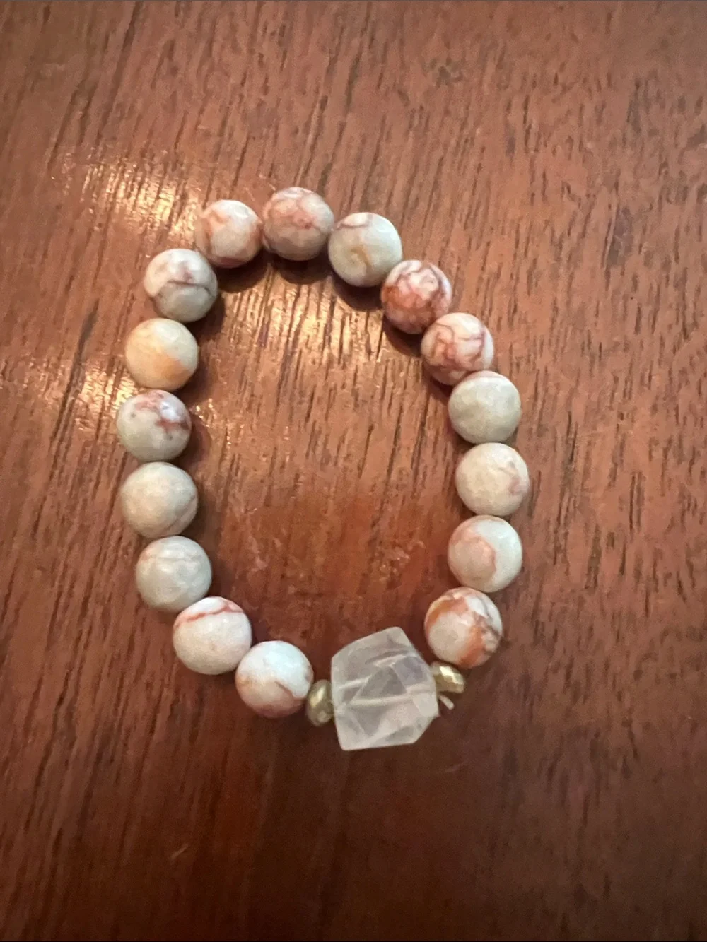 Beige and Peach Marble Beaded Stretch Bracelet with Clear Accent